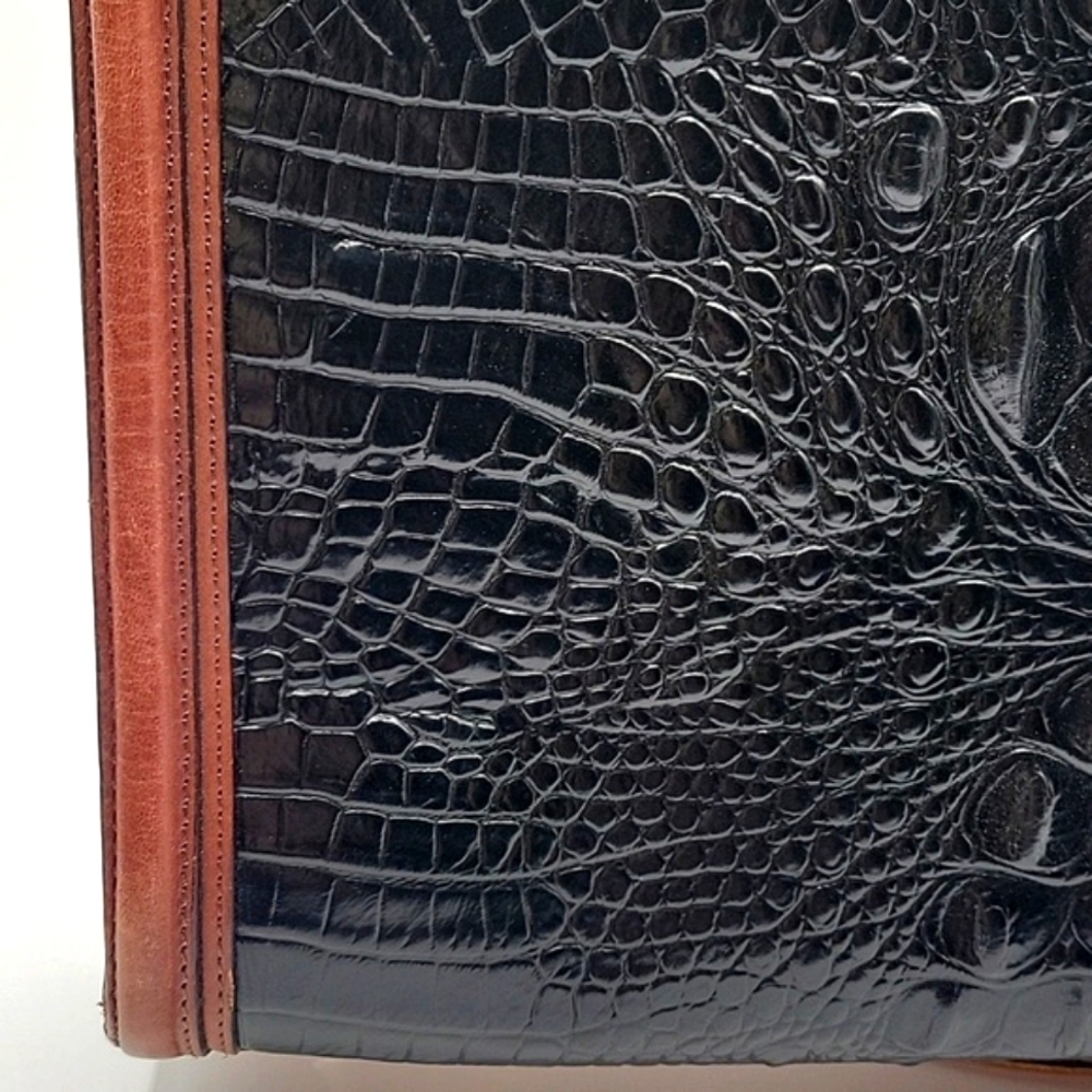 BRAHMIN Black Croc Embossed Crox Leather Shopper's Tote Cognac Leather Strap - Picture 3 of 15